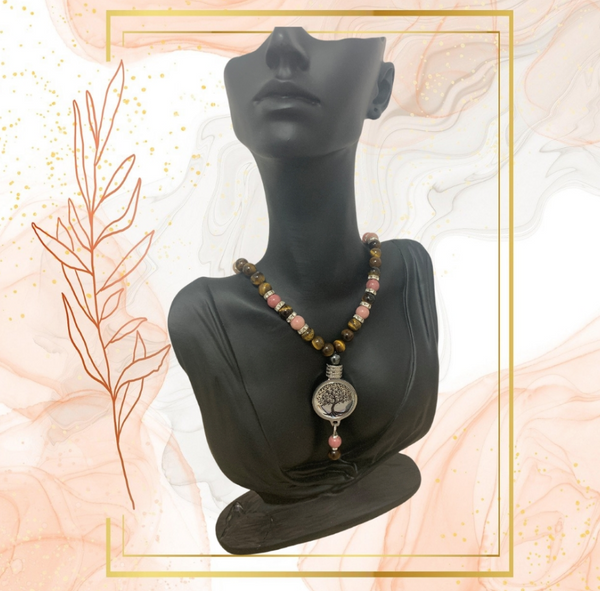 Collier RHODONITE et OEIL DE TIGRE avec protection ondes